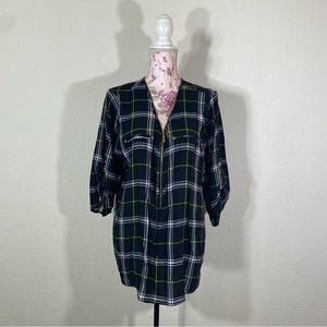Miss#Lili sz:2X Black Plaid Flannel 3/4th Sleeve Top with Zip Front Detail